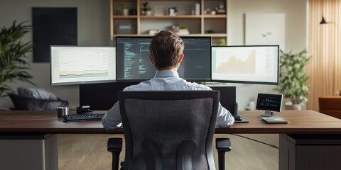 A professional workspace showcases dual monitors, an ergonomic chair, and a busy executive, capturing the essence of a productive day