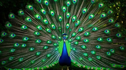 Naklejka premium A male peacock with the fanned-out wheel of its tail feathers during courtship