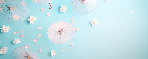 Fototapeta premium Soft pastel background featuring delicate umbrellas and flower petals, creating a serene and whimsical atmosphere.