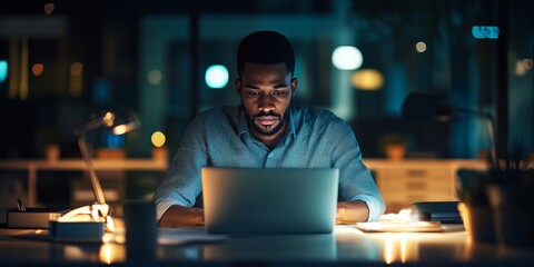 A career-driven individual works late in an office with dim lights, focused on a laptop screen, showcasing dedication and ambition
