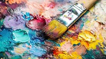 Obraz premium A variety of colorful paints and brushes lay scattered on a messy artist's palette, capturing the essence of creativity and inspiration
