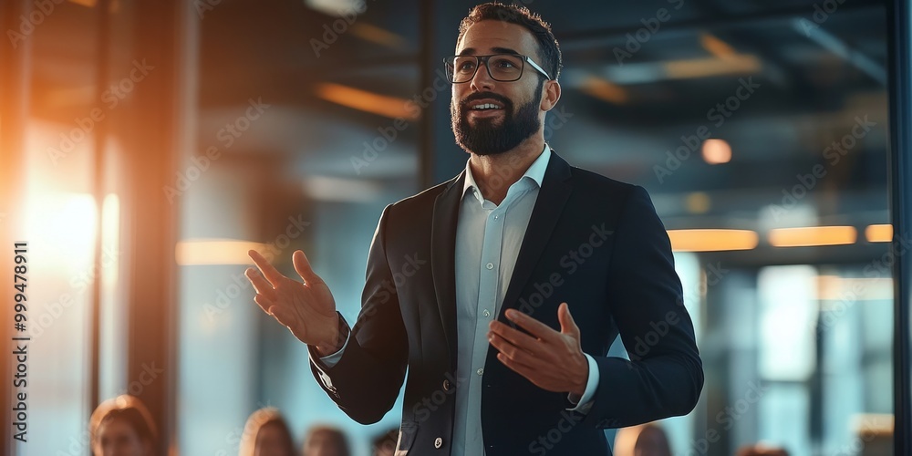 Poster an inspirational leader addresses a team with a confident posture and engaging expression, a modern 