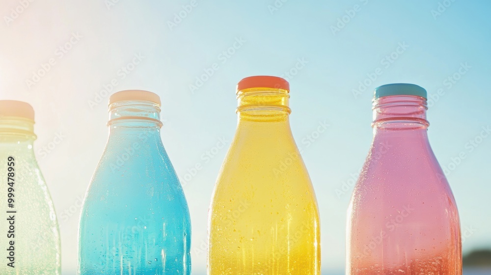 Wall mural brightly colored plastic bottles are seen together against a clear blue sky, emphasizing the concept