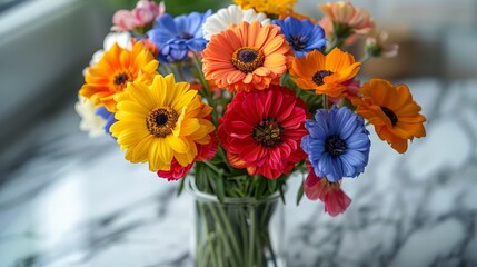 Bunch of flowers on white marble table, colorful flower bouquet 