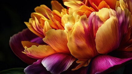   A close-up of vibrant orange, pink, and yellow flowers in a harmonious arrangement