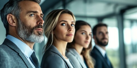 Obraz premium A business leader reviews strategy with the team, a close-up on their focused expression in a sleek office setting reflecting authority and vision