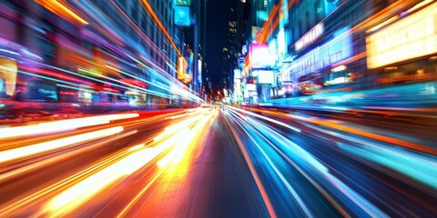 Obraz premium car headlights streaking through a city street at night, with motion blur creating dynamic light trails