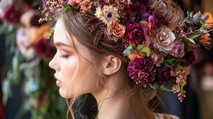 Naklejka premium Enchanting Bohemian Beauty: Close-up of Model's Floral Adorned Intricate Hairstyle Exuding Carefree Elegance