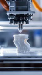 Close-up of a 3D Printer Creating a Modern Ceramic Vase with Intricate Patterns in a High-Tech Workshop