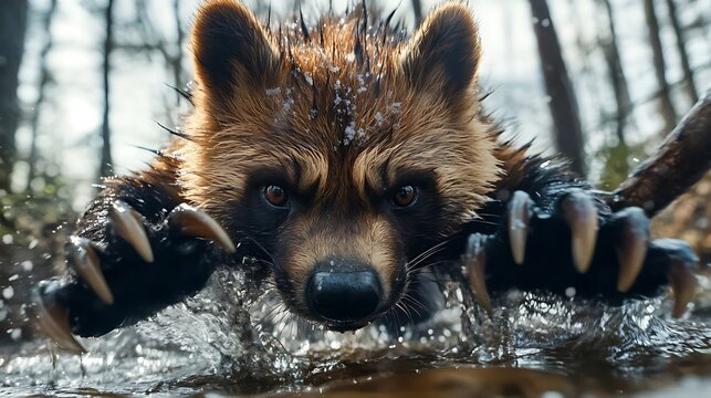 Wolverine Close Up in Water with Claws Out