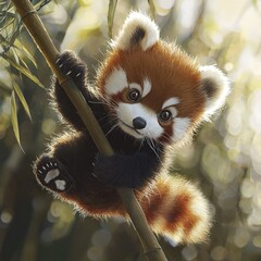 Obraz premium A red panda bear gracefully perched on a bamboo branch, its paws gripping a bamboo stalk, amidst a hazy backdrop