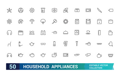 Household appliances icons set. Related to refrigerator, dishwasher, cooker, washing machine, gas stove, kitchen hood and more, Editable stroke.