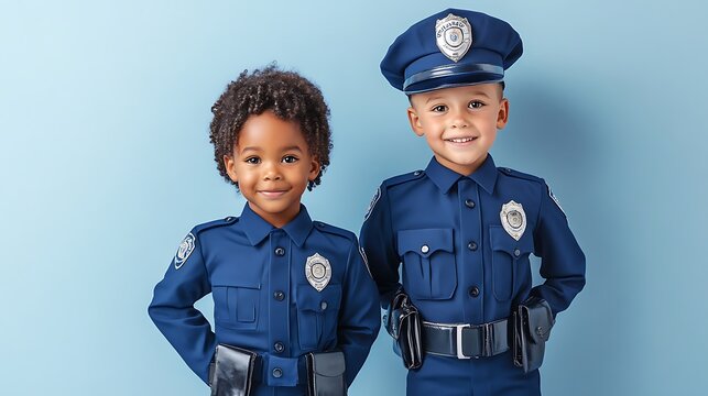 Adorable young kids dressed as police officers smiling together in a bright blue background