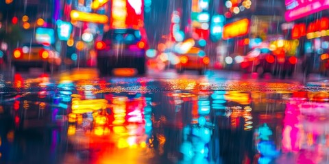 neon lights reflected in a rain-soaked city street, with blurred motion creating a vibrant and dynamic effect