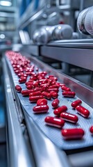 Obraz premium High-Tech Pharmaceutical Production Line with Red Capsules on Conveyor Belt in Modern Factory