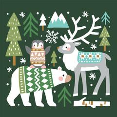 Winter illustration with cute polar animals. Polar bear, reindeer and penguin. Hand drawn Nordic forest illustration. Perfect for tee shirt logo, greeting card, poster or nursery print design.
