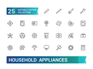 Household appliances icons set. Related to refrigerator, dishwasher, cooker, washing machine, gas stove, kitchen hood and more, Editable stroke.