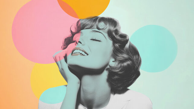 A woman's figure with lush hairstyle is segmented by artistic, abstract circles and shapes, creating a visually engaging composition.