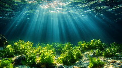 Fototapeta premium Sunbeams illuminate the ocean floor, illuminating a vibrant seagrass meadow.