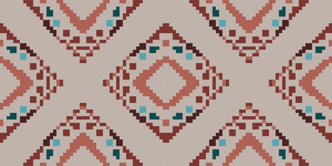 Pixel Ethnic Ikat Pattern Originfolk Embroidery, Aztec Geometric Ornament Print. Design for Carpet, Wallpaper, Clothing, Wrapping, Fabric