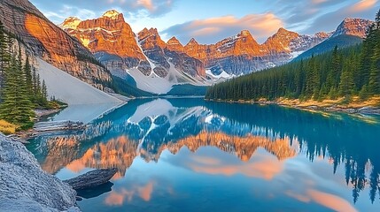 Sunrise Reflection in a Majestic Mountain Lake