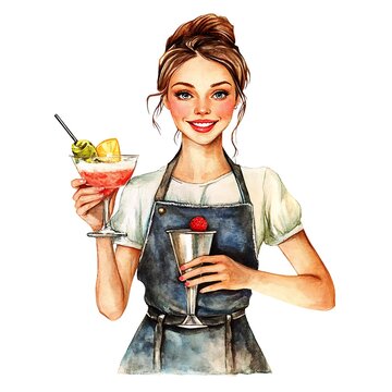 recommend clip art: Watercolor illustration of a woman bartender holding two cocktails.