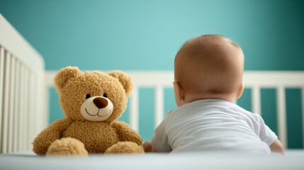 Baby in crib gazing at teddy bear in soft, serene surroundings.