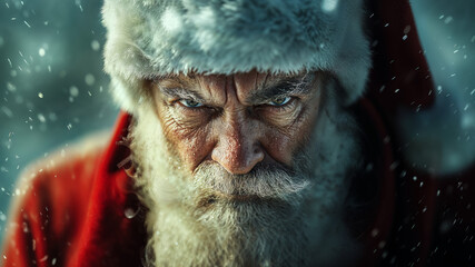 Portrait of a terrifying Santa in a snowy setting with an intense gaze and a threatening expression, evoking a sense of fear and darkness