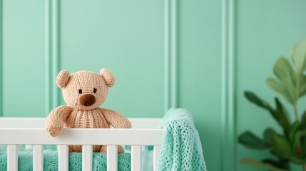 Cozy nursery with a knitted bear on a crib against a mint green wall.