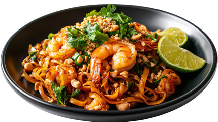 Delicious shrimp pad Thai with lime, herbs, and peanuts on a black plate.