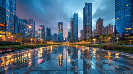 Obraz premium City square and modern high-rise buildings, night view 