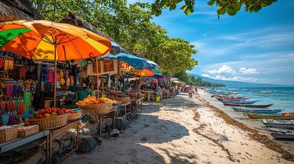 Vibrant Beach Market with Colorful Umbrellas and Boats