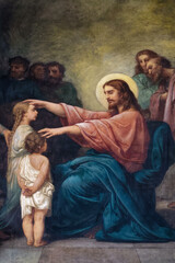 Painting of Let the children come to me! Children want to approach Jesus, who welcomes and blesses them..