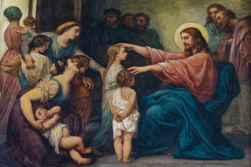 Painting of Let the children come to me! Children want to approach Jesus, who welcomes and blesses them..