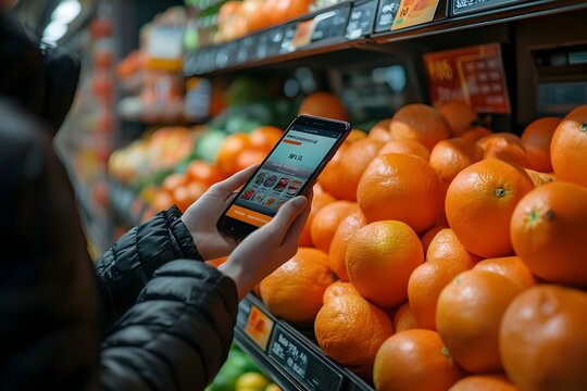 Shoppers Utilizing Smart Grocery App for Seamless Checkout and Cashless Payment in Modern