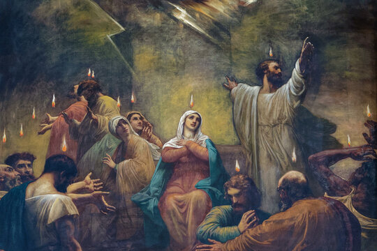 Painting of the Pentecost Sunday: The Holy Spirit Comes as Tongues of Fire. The Holy Spirit descending on disciples as Tongues of Fire.