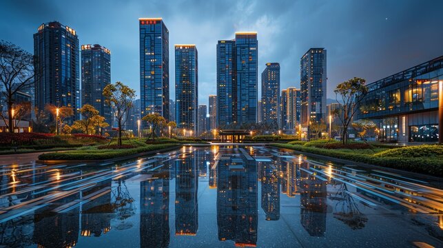 City square and modern high-rise buildings, night view 