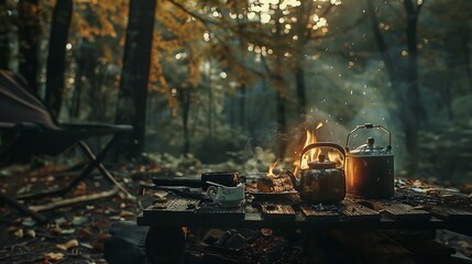 Tea making over a campfire on a wooded backdrop