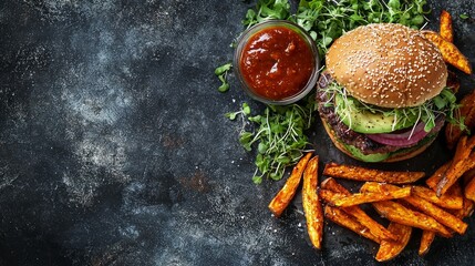Delicious Burger with Sweet Potato Fries and Sauce