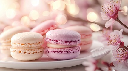 Fototapeta premium A white plate with three macaroons sits beside a pink cherry tree with pink flowers