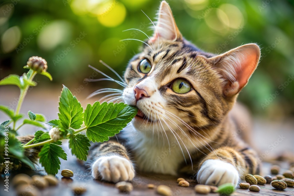 Sticker Curious tabby cat eating leaf in garden