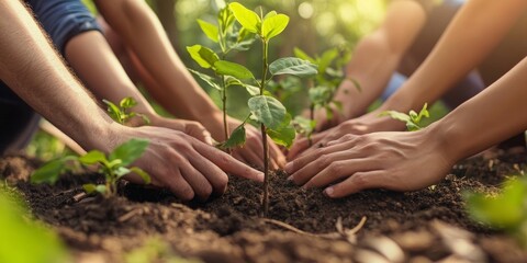 A diverse group plants trees together, with a close-up on hands and young saplings, as warm outdoor lighting captures the spirit of community engagement