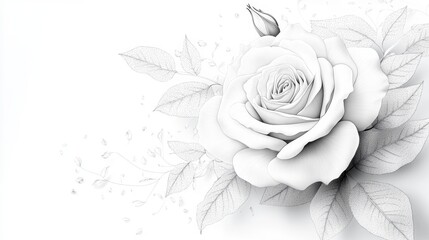 Realistic illustration of a blooming rose with intricate petals and delicate details, perfect for detailed coloring.