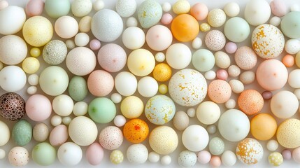   A row of speckled eggs sits on a white surface