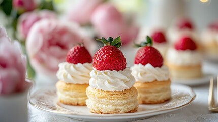   A photo of a cupcake plate with strawberries on top of the cupcakes