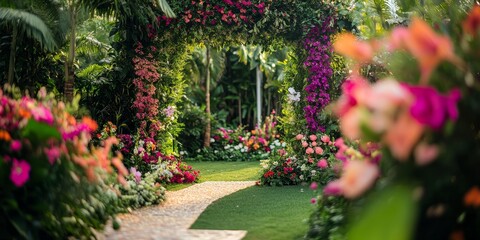 A close-up features a garden venue with a decorated archway, surrounded by lush greenery and vibrant flowers, creating a romantic and inviting setting