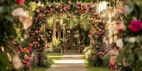 Obraz premium A close-up features a garden venue with a decorated archway, surrounded by lush greenery and vibrant flowers, creating a romantic and inviting setting