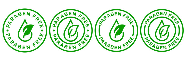 Paraben Free with a leaf drop label, logo, badge, icon, sticker, symbol, emblem, stamp, green, line, flat vector, isolated illustration. Paraben Free label for product packaging design.