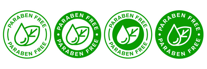 Paraben Free with a leaf drop label, logo, badge, icon, sticker, symbol, emblem, stamp, green, line, flat vector, isolated illustration. Paraben Free label for product packaging design.