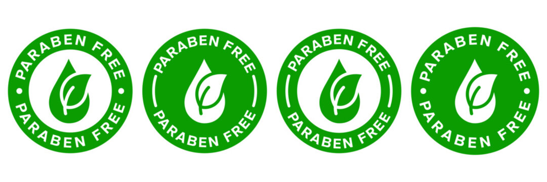 Paraben Free with a leaf drop label, logo, badge, icon, sticker, symbol, emblem, stamp, green, line, flat vector, isolated illustration. Paraben Free label for product packaging design.